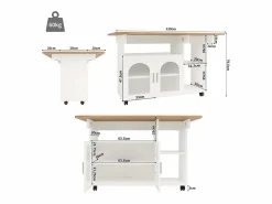 DripeX Isla Central de cocina 2 puertas y 3 estantes, con ruedas giratorias, mesa plegable, 120x30/70x79.5 cm, Blanco Best