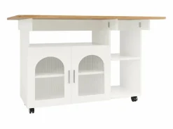 DripeX Isla Central de cocina 2 puertas y 3 estantes, con ruedas giratorias, mesa plegable, 120x30/70x79.5 cm, Blanco Best