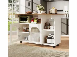DripeX Isla Central de cocina 2 puertas y 3 estantes, con ruedas giratorias, mesa plegable, 120x30/70x79.5 cm, Blanco Best