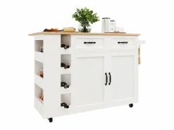 DripeX Isla Cocina|Isla central de cocina con estante para vino 2 cajones y 2 puertas - 2 enchufes - +natural - 131.5x43/76x90.7cm