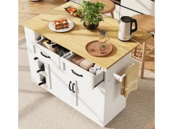 DripeX Isla Cocina|Isla central de cocina con estante para vino 2 cajones y 2 puertas - 2 enchufes - +natural - 131.5x43/76x90.7cm