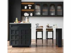 ModernLuxe Isla Cocina|Isla central de cocina con 2 puertas y 2 cajones - Tablero extensible - Encimeras de mármol artificial - 133(202)x59x93,5 cm - Para 2 a 6 personas - + Blanco