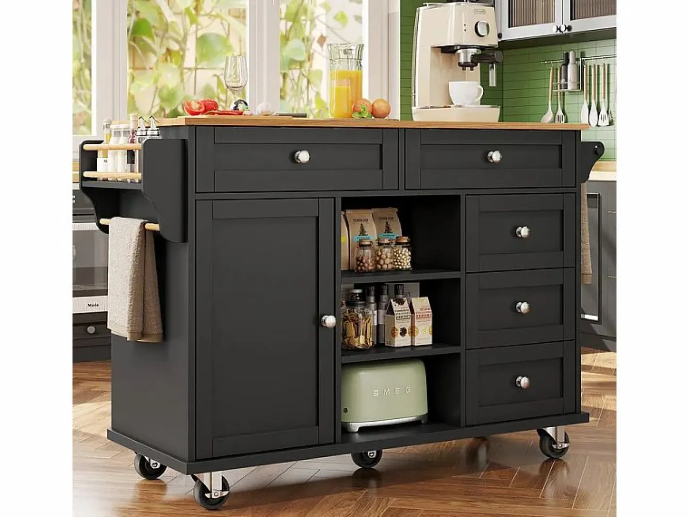 Isla central de cocina con 5 cajones 3 nichos y 1 puerta, con patas fijas y ruedas, 134x46x92cm -^DripeX Clearance