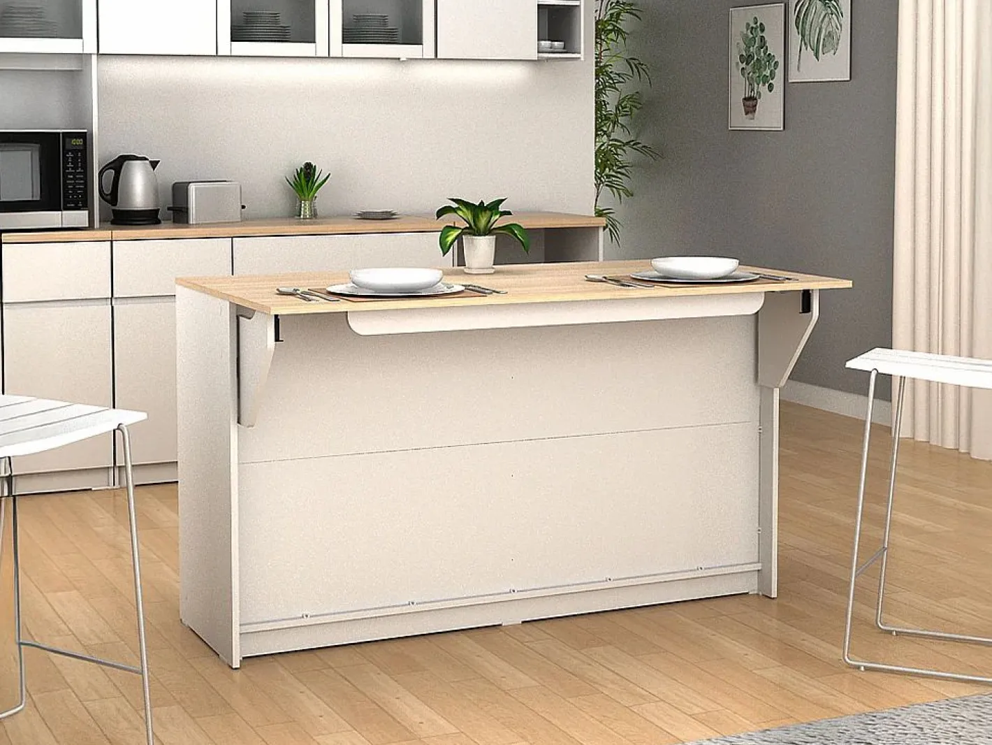 Vente-unique Isla Cocina|Isla central de cocina con 2 puertas - Blanco y roble - BENITA