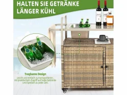 Isla central de ratán con 2 puertas, estilo bohemio natural con 2 estantes, con ruedas para fácil desplazamiento, ideal para terraza o jardín^ Discount