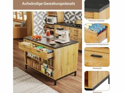 Isla central estilo campestre con estructura de metal - 120 x 75 x 90 cm - con 2 cajones + 4 estantes - MDF - natural^Merax Online