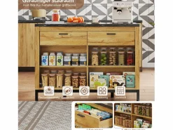 Isla central estilo campestre con estructura de metal - 120 x 75 x 90 cm - con 2 cajones + 4 estantes - MDF - natural^Merax Online