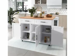 OKWISH Isla Cocina|Isla central móvil con mesa plegable, 3 puertas y 2 cajones de almacenamiento -