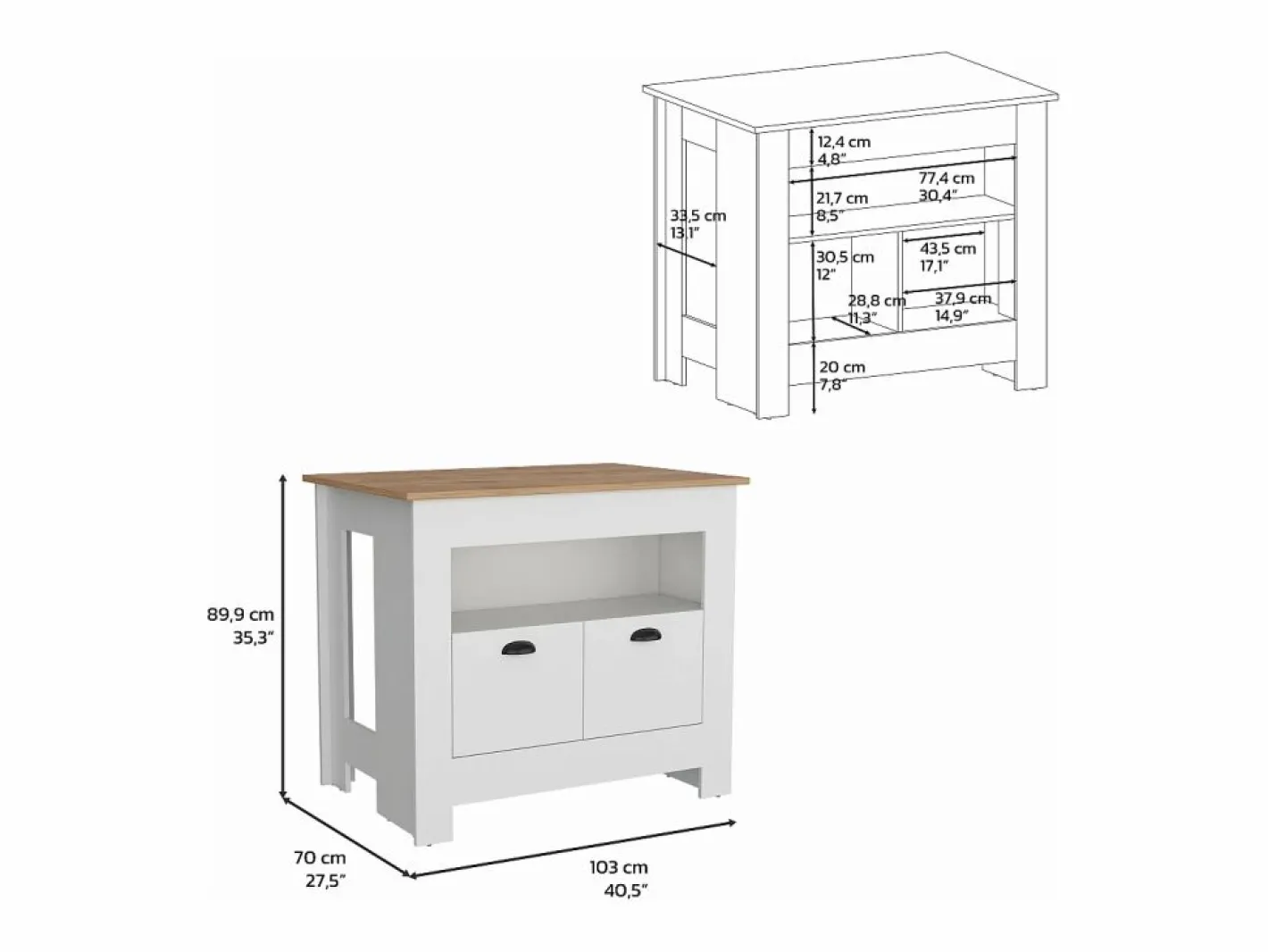 TuHome Isla de cocina Arlet en melamina con 2 puertas y 3 estantes , Blanco / Macadamia , 89.9 cm X 103 cm X 70 cm Multicolor Online
