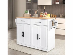 Isla Cocina|Isla de cocina blanca - Isla de cocina con ruedas y patas de madera - Encimera abatible - 2 cajones 4 puertas