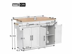 Isla Cocina|Isla de cocina blanca - Isla de cocina con ruedas y patas de madera - Encimera abatible - 2 cajones 4 puertas