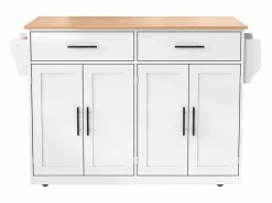 Isla Cocina|Isla de cocina blanca - Isla de cocina con ruedas y patas de madera - Encimera abatible - 2 cajones 4 puertas