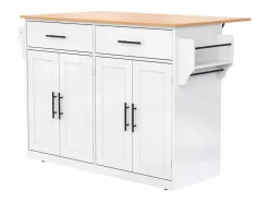 Isla Cocina|Isla de cocina blanca - Isla de cocina con ruedas y patas de madera - Encimera abatible - 2 cajones 4 puertas