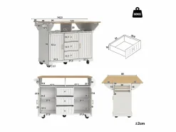 OKWISH Isla Cocina|Isla de cocina blanca con tablero plegable, 3 cajones y 2 puertas - 5 ruedas