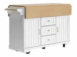 OKWISH Isla Cocina|Isla de cocina blanca con tablero plegable, 3 cajones y 2 puertas - 5 ruedas