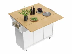 OKWISH Isla Cocina|Isla de cocina blanca con tablero plegable, 3 cajones y 2 puertas - 5 ruedas