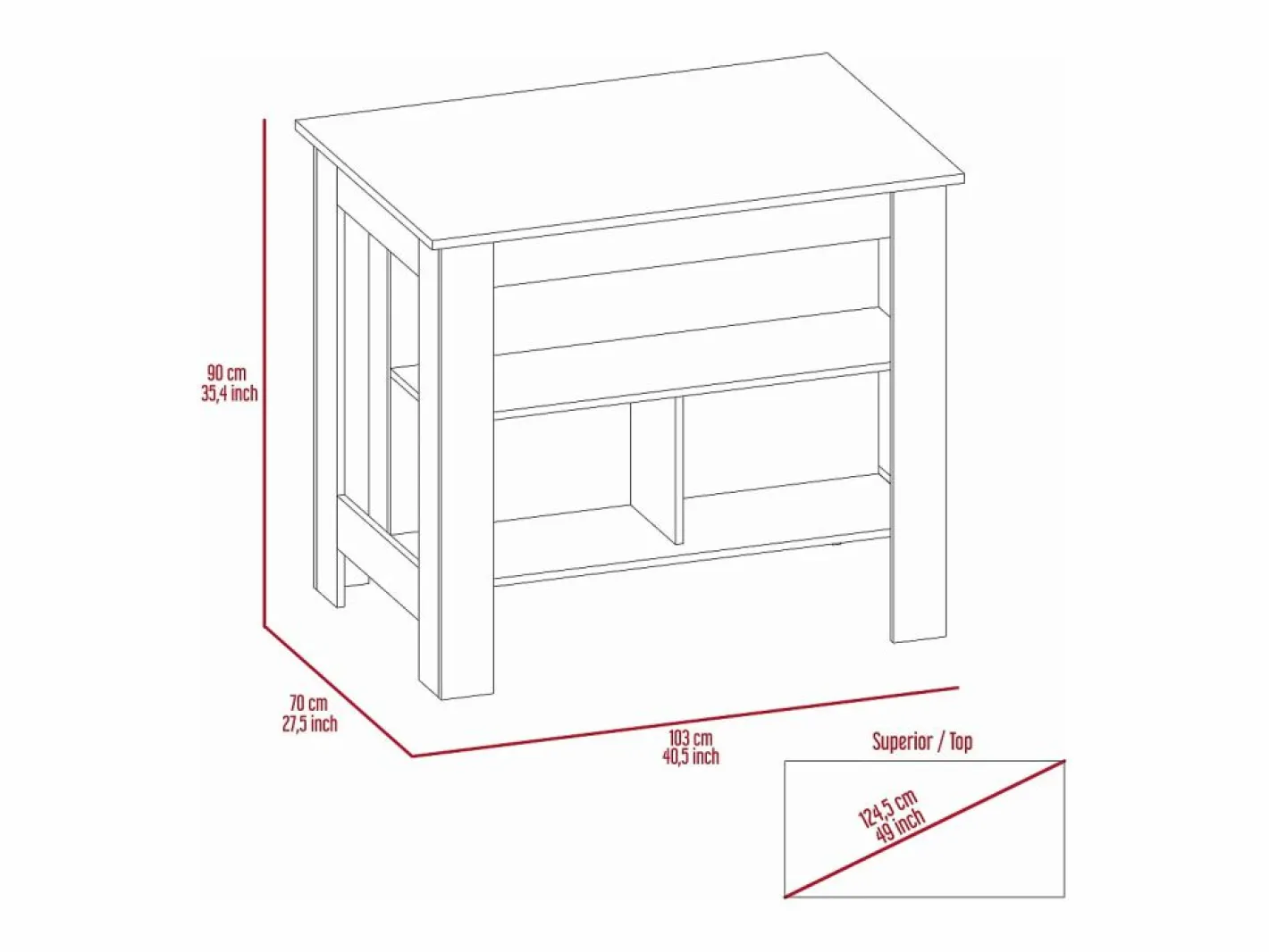 Isla de cocina Cala con tres estantes y cuatro patas , 89.91 cm X 102.87 cm X 69.85 cm , Blanco / Ibiza^TuHome