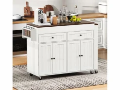 Isla de cocina central - con 4 puertas y 2 cajones - tablero extensible - con ruedas - 180,5×45×92,2 cm - Blanco + Marrón^ModernLuxe New