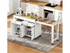 Isla de cocina central - con 4 puertas y 2 cajones - tablero extensible - con ruedas - 180,5×45×92,2 cm - Blanco + Natural^ModernLuxe Discount