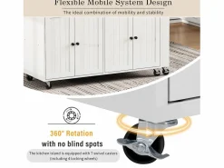 Isla de cocina central - con 4 puertas y 2 cajones - tablero extensible - con ruedas - 180,5×45×92,2 cm - Blanco + Natural^ModernLuxe Discount