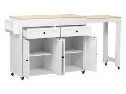 Isla de cocina central - con 4 puertas y 2 cajones - tablero extensible - con ruedas - 180,5×45×92,2 cm - Blanco + Natural^ModernLuxe Discount
