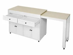 Isla de cocina central - con 4 puertas y 2 cajones - tablero extensible - con ruedas - 180,5×45×92,2 cm - Blanco + Natural^ModernLuxe Discount