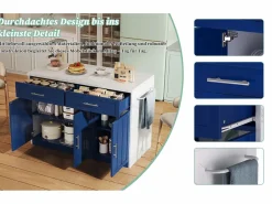 Merax Isla Cocina|Isla de cocina central con 3 puertas + 2 cajones - 120 x 60 x 91 cm - con enchufes + USB - MDF -