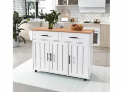 ModernLuxe Isla Cocina|Isla de cocina central con 2 cajones - Tablero extensible - patas con ruedas o de madera maciza -