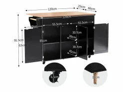ModernLuxe Isla de cocina central con 2 cajones - Tablero extensible - patas con ruedas o de madera maciza - Negro Online