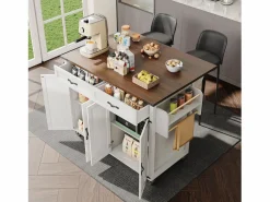 Merax Isla de cocina central móvil con 4 puertas y 2 cajones - tapa extensible - 140 x 45/73 x 93 cm - Madera MDF + metal - + natural Blanco Outlet