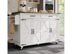 Merax Isla de cocina central móvil con 4 puertas y 2 cajones - tapa extensible - 140 x 45/73 x 93 cm - Madera MDF + metal - + natural Blanco Outlet