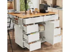 ModernLuxe Isla de cocina central móvil - Tablero extensible - 8 cajones y 1 puerta - Con estante para especias - MDF - Blanco Color natural claro / Blanco Sale