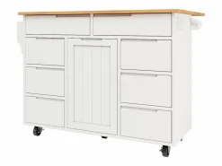 ModernLuxe Isla de cocina central móvil - Tablero extensible - 8 cajones y 1 puerta - Con estante para especias - MDF - Blanco Color natural claro / Blanco Sale