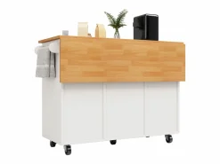 ModernLuxe Isla de cocina central móvil - Tablero extensible - 8 cajones y 1 puerta - Con estante para especias - MDF - Blanco Color natural claro / Blanco Sale
