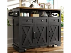 ModernLuxe Isla Cocina|Isla de cocina central móvil - Tablero extensible - 3 cajones y 3 puertas - estantes abiertos - con toallero - MDF -