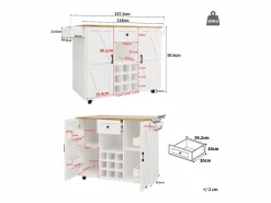ModernLuxe Isla Cocina|Isla de cocina central móvil - Tablero extensible - 1 cajón y 3 puertas con estantes - con toallero - MDF - blanco y natural