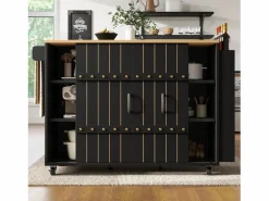 Isla de cocina central móvil - Tablero extensible - 3 cajones - Con estante para especias y toallero - MDF - Negro^ModernLuxe