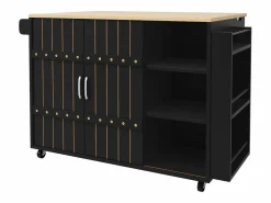 Isla de cocina central móvil - Tablero extensible - 3 cajones - Con estante para especias y toallero - MDF - Negro^ModernLuxe