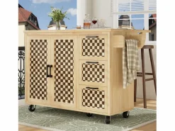 Isla de cocina central móvil - Tablero extensible - 120x45x92 cm - 2 puertas - con toallero - MDF - decoración de celosía - Natural^ModernLuxe Clearance