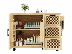 Isla de cocina central móvil - Tablero extensible - 120x45x92 cm - 2 puertas - con toallero - MDF - decoración de celosía - Natural^ModernLuxe Clearance