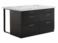 Vente-unique Isla Cocina|Isla de cocina con 6 cajones de MDF y metal - Negro y efecto mármol blanco - ALEGRITA