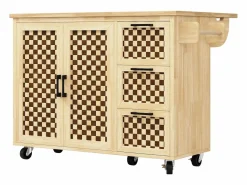 Hauss Spole Mueble Camarera|Isla de cocina con 2 puertas y 3 cajones, encimera extensible, diseño de tablero de ajedrez, color natural