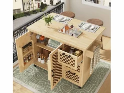Hauss Spole Mueble Camarera|Isla de cocina con 2 puertas y 3 cajones, encimera extensible, diseño de tablero de ajedrez, color natural