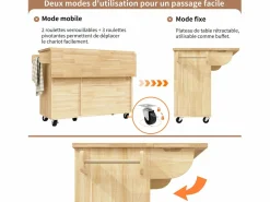 Hauss Spole Mueble Camarera|Isla de cocina con 2 puertas y 3 cajones, encimera extensible, diseño de tablero de ajedrez, color natural