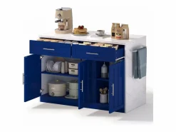 Hauss Spole Isla de cocina con 3 puertas, 2 cajones y puerto USB - Efecto mármol blanco - Azul Online