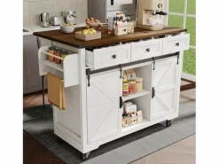 Isla de cocina con encimera abatible - Carrito de cocina con 2 puertas correderas y 3 cajones - toallero y portavasos - Blanco