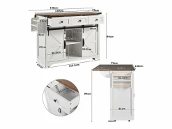 Isla de cocina con encimera abatible - Carrito de cocina con 2 puertas correderas y 3 cajones - toallero y portavasos - Blanco