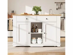 Isla de cocina con encimera abatible, carrito de cocina con toma de corriente, MDF y metal, y natural (151,5x59,7x91,7 cm) Blanco Hot