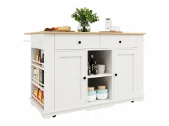 Isla de cocina con encimera abatible, carrito de cocina con toma de corriente, MDF y metal, y natural (151,5x59,7x91,7 cm) Blanco Hot