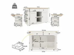 Isla de cocina con encimera abatible, carrito de cocina con toma de corriente, MDF y metal, y natural (151,5x59,7x91,7 cm) Blanco Hot